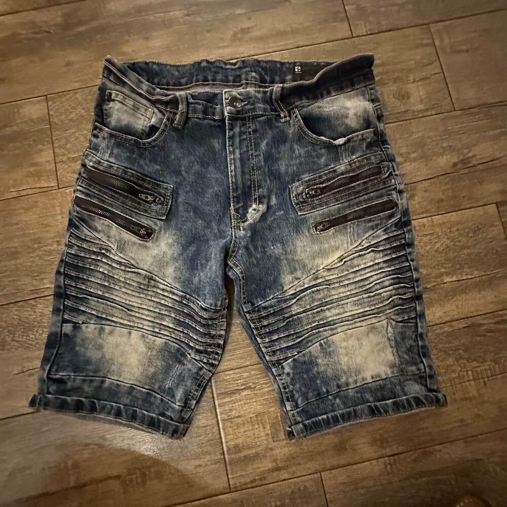 Southpole Shorts Size 32 Blue Stretch Denim Pleated Hip Hop Slim Fit Zip Fly